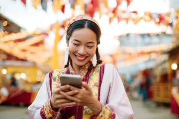 A cheerful woman in traditional clothing using her smartphone during a festive moment, showing how easily the WAGIPLUS app fits into everyday life.