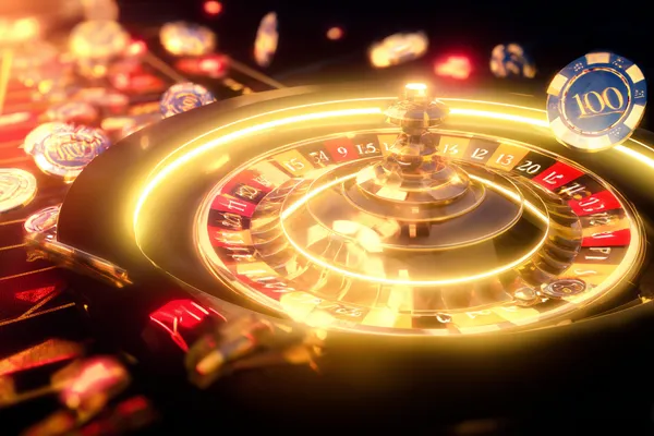 A glowing roulette wheel with cascading chips, symbolizing the engaging live and instant-win games available on WAGIPLUS.