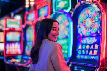 A woman smiling by bright slot machines showing lucky symbols, showcasing the exciting slot offerings at WAGIPLUS.